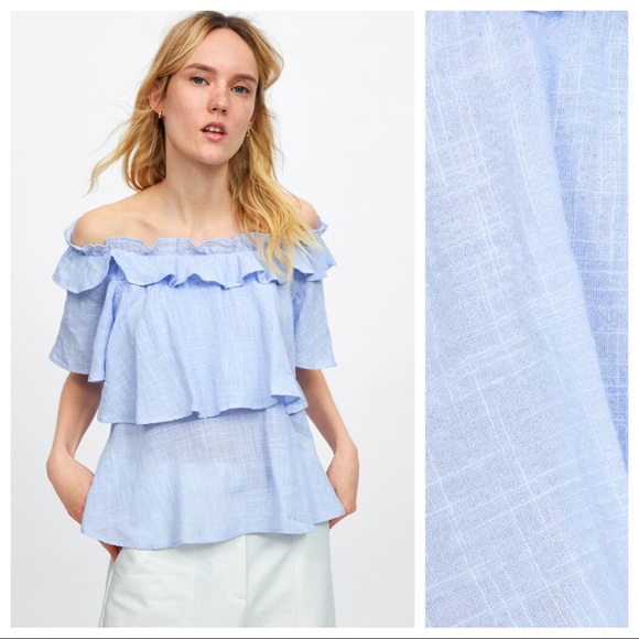 Zara Tops - NWT. Zara Cotton Blue Ruffled Top. Size M.